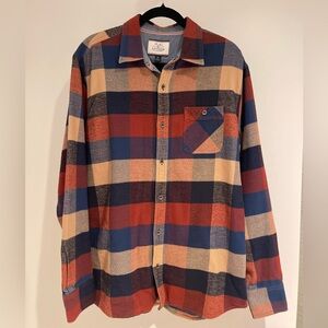 Flag & Anthem Plaid Button Down Shirt Men’s XL Red Blue Tan 100% Cotton